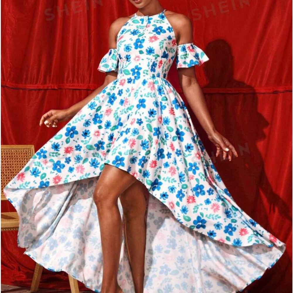 Floral Asymmetrical Open
Shoulder Halter Dress With Vacation Style